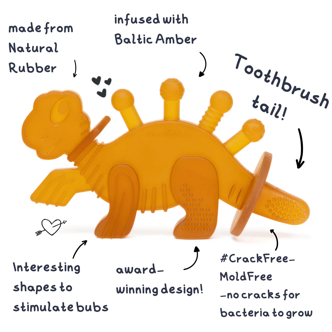 Dibly Amber - Baltic Amber & Natural Rubber Dinosaur Teether with Toothbrush Tail - Image 2